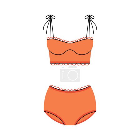 Retro woman swimwear. Stylish vintage female beachwear with lace decor, fashionable summer outfit, doodle swimming suit with top on straps and grannys panties. Vector flat illustration.