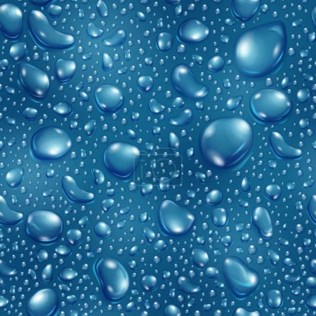 Ilustración de Patrón sin costuras de grandes y pequeñas gotas de agua realistas en colores azules - Imagen libre de derechos