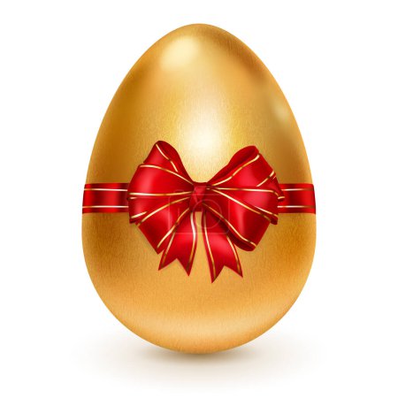 Illustration for Realistic golden Easter egg tied of red ribbon with a big red bow. Easter egg with shadow on white background - Royalty Free Image