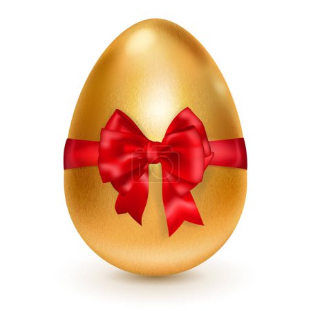 Illustration for Realistic golden Easter egg tied of red ribbon with a big red bow. Easter egg with shadow on white background - Royalty Free Image