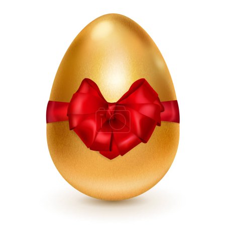 Ilustración de Huevo de Pascua dorado realista atado de cinta roja con un gran lazo rojo. Huevo de Pascua con sombra sobre fondo blanco - Imagen libre de derechos