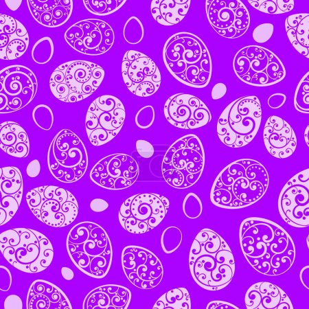 Illustration for Seamless pattern of Easter eggs with ornaments of curls, white on purple background - Royalty Free Image