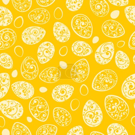 Illustration for Seamless pattern of Easter eggs with ornaments of curls, white on yellow background - Royalty Free Image