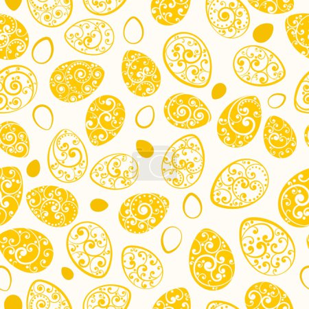Illustration for Seamless pattern of Easter eggs with ornaments of curls, yellow on white background - Royalty Free Image