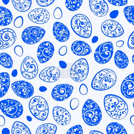 Ilustración de Patrón sin costuras de huevos de Pascua con adornos de rizos, azul sobre fondo blanco - Imagen libre de derechos