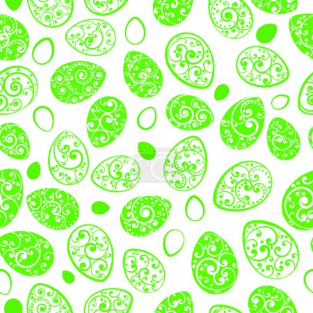 Illustration for Seamless pattern of Easter eggs with ornaments of curls, green on white background - Royalty Free Image