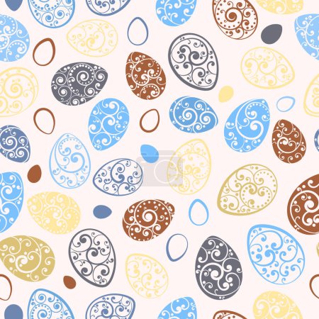 Ilustración de Patrón sin costuras de huevos de Pascua con adornos de rizos, multicolores sobre fondo blanco - Imagen libre de derechos