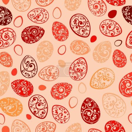 Illustration for Seamless pattern of Easter eggs with ornaments of curls, multicolored on white background - Royalty Free Image