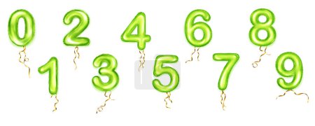 Téléchargez les illustrations : Set of foil green balloons shape of numbers from 0 to 9 with golden ribbons - en licence libre de droit