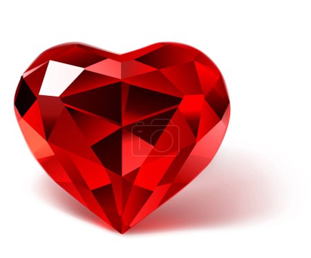 Ilustración de Big crystal faceted heart in red colors with shadow on white background - Imagen libre de derechos
