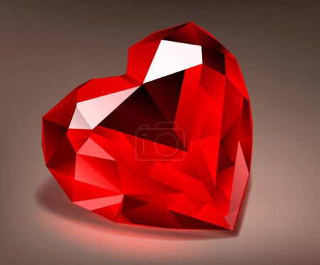 Ilustración de Illustration with side-lying big crystal faceted heart in red colors with shadow on dark background - Imagen libre de derechos