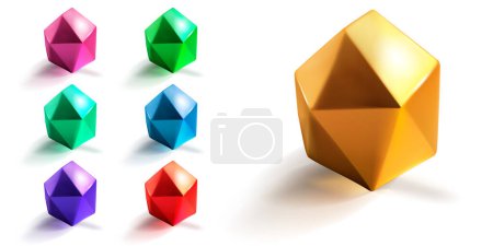 Ilustración de Conjunto de formas 3D poli bajas como poliedros abstractos con una sombra sobre un fondo blanco - Imagen libre de derechos