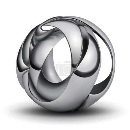 Abstract figure made of silver plates, curved and intertwined in the form of a sphere, with glares and shadow on a white background