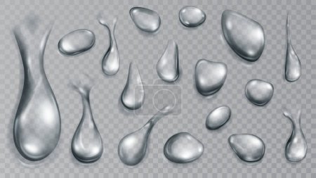 Ilustración de Conjunto de gotas de agua translúcidas realistas en colores grises en varias formas y tamaños, aisladas sobre fondo transparente. Transparencia solo en formato vectorial - Imagen libre de derechos