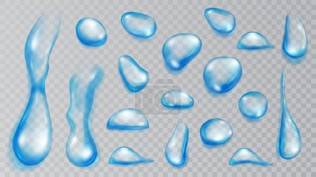 Ilustración de Conjunto de gotas de agua translúcidas realistas en colores azul claro en varias formas y tamaños, aisladas sobre fondo transparente. Transparencia solo en formato vectorial - Imagen libre de derechos