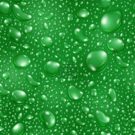 Ilustración de Patrón sin costuras de grandes y pequeñas gotas de agua realistas en colores verdes - Imagen libre de derechos
