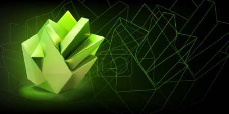 Ilustración de Fondo abstracto con un objeto 3D verde de polietileno bajo en forma de poliedro y contornos de formas geométricas sobre un fondo oscuro - Imagen libre de derechos