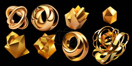 Ilustración de Conjunto de formas abstractas 3d en colores dorados sobre un fondo negro - Imagen libre de derechos