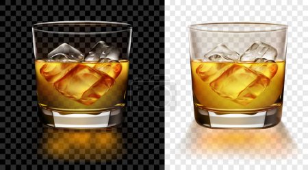 Translucent glass of whiskey with ice cubes. Two options, for dark and light background. Transparency only in vector format