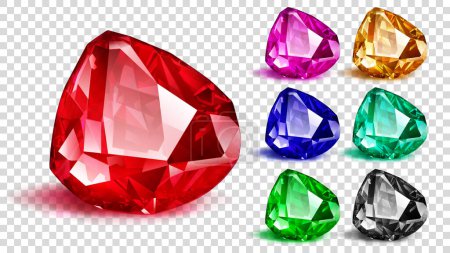 Illustration for Set of translucent precious crystals: ruby, emerald, sapphire, topaz, amethyst, agate. Gems in red, green, blue, yellow, purple, turquoise and black, with shadows, isolated on transparent background - Royalty Free Image