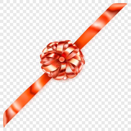 Illustration for Beautiful orange shiny bow with diagonally ribbon with shadow on transparent background - Royalty Free Image