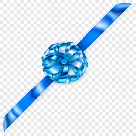 Illustration for Beautiful light blue shiny bow with diagonally ribbon with shadow on transparent background - Royalty Free Image