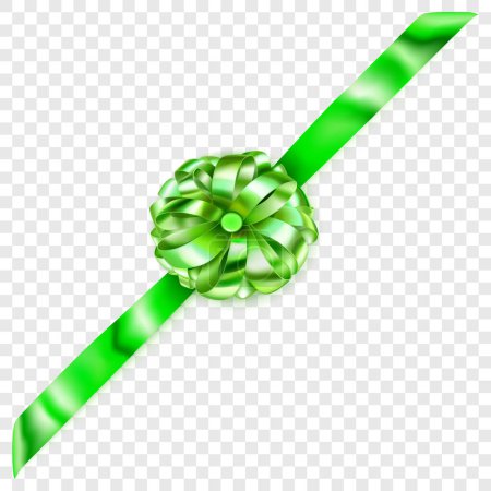 Illustration for Beautiful green shiny bow with diagonally ribbon with shadow on transparent background - Royalty Free Image