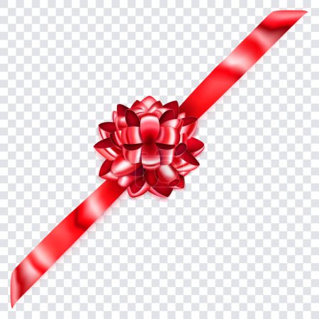 Illustration for Beautiful red shiny bow with diagonally ribbon with shadow on transparent background - Royalty Free Image