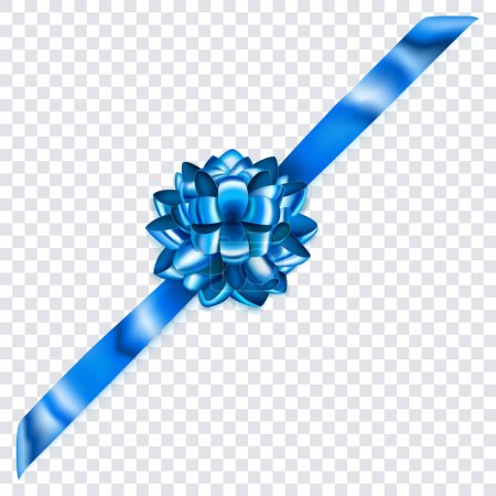 Illustration for Beautiful blue shiny bow with diagonally ribbon with shadow on transparent background - Royalty Free Image