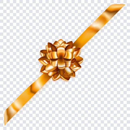Illustration for Beautiful golden shiny bow with diagonally ribbon with shadow on transparent background - Royalty Free Image