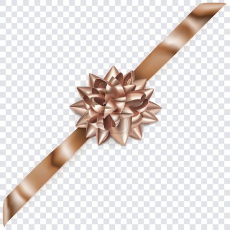 Illustration for Beautiful bronze shiny bow with diagonally ribbon with shadow on transparent background - Royalty Free Image
