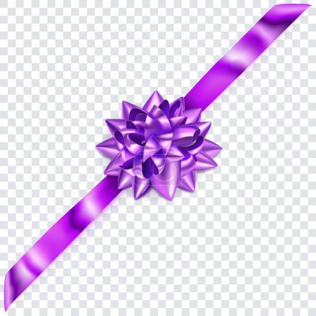 Illustration for Beautiful purple shiny bow with diagonally ribbon with shadow on transparent background - Royalty Free Image