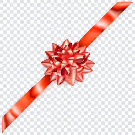 Illustration for Beautiful red shiny bow with diagonally ribbon with shadow on transparent background - Royalty Free Image