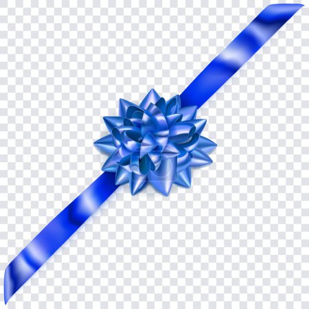 Illustration for Beautiful blue shiny bow with diagonally ribbon with shadow on transparent background - Royalty Free Image