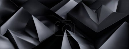 Illustration for Abstract background of a pile of 3d pyramids and other shapes with sharp corners and smoothed edges, in shades of black colors - Royalty Free Image