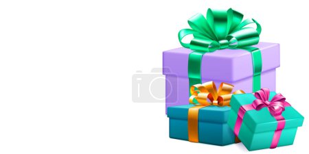Illustration for Festive illustration with three colored gift boxes with ribbons and bows on white background - Royalty Free Image