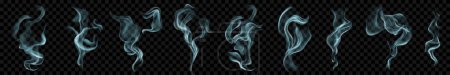Set of several realistic transparent light blue smokes or steam. For use on dark background. Transparency only in vector format