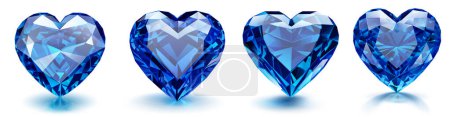 Ilustración de Conjunto de hermosos corazones facetados de cristal en colores azules, con sombras, sobre fondo blanco - Imagen libre de derechos