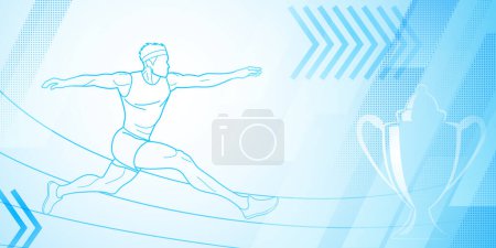 Long jumper themed background in blue tones with abstract lines and dots, with sport symbols such as a male athlete and a cup