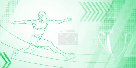 Long jumper themed background in green tones with abstract lines and dots, with sport symbols such as a male athlete and a cup