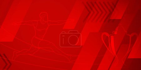 Long jumper themed background in red tones with abstract lines and dots, with sport symbols such as a male athlete and a cup