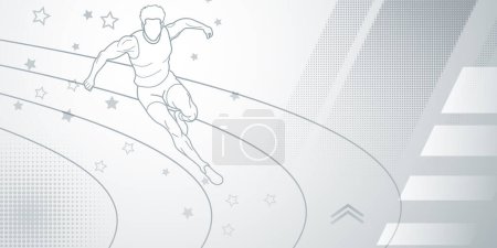 Hintergrund zum Thema Läufer in Grautönen mit abstrakten Linien und Punkten, mit Sportsymbolen wie einem männlichen Athleten und einer Laufbahn