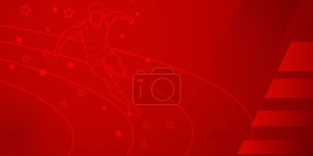Hintergrund zum Thema Läufer in Rottönen mit abstrakten Linien und Punkten, mit Sportsymbolen wie einem männlichen Athleten und einer Laufstrecke