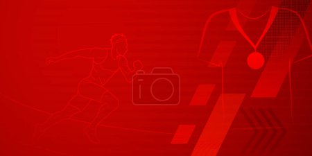 Hintergrund zum Thema Läufer in Rottönen mit abstrakten Linien und Punkten, mit Sportsymbolen wie einem männlichen Athleten und einer Medaille