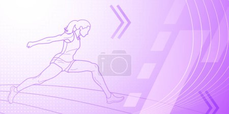 Long jumper themed background in purple tones with abstract lines and dots, with sport symbols such as a female athlete and a running track
