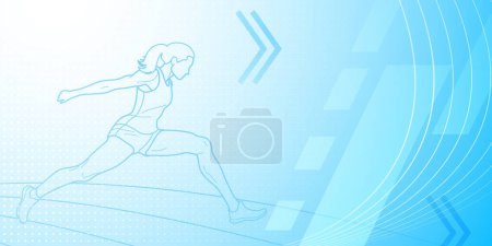 Long jumper themed background in blue tones with abstract lines and dots, with sport symbols such as a female athlete and a running track