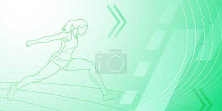 Long jumper themed background in green tones with abstract lines and dots, with sport symbols such as a female athlete and a running track