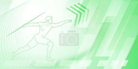 Illustration for Javelin thrower themed background in green tones with abstract lines and dots, with sport symbols such as a male athlete - Royalty Free Image