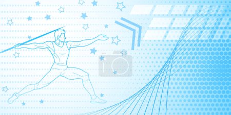 Illustration for Javelin thrower themed background in blue tones with abstract lines and dots, with sport symbols such as a male athlete - Royalty Free Image