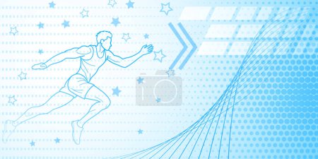 Runner or long jumper themed background in blue tones with abstract lines, stars and dots, with sport symbols such as a male athlete and a running track